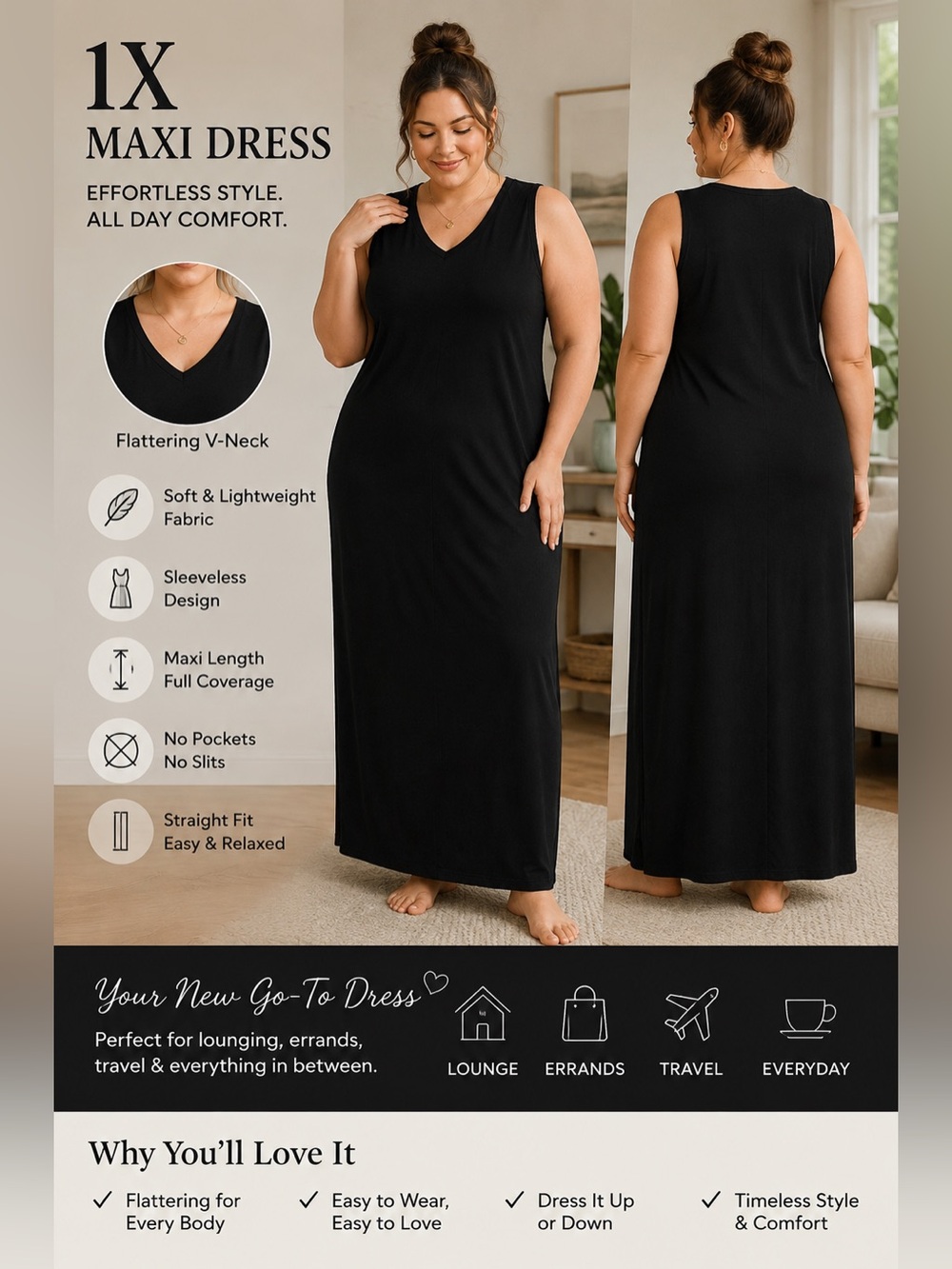 Essentials Black Sleeveless V-Neck Maxi Dress